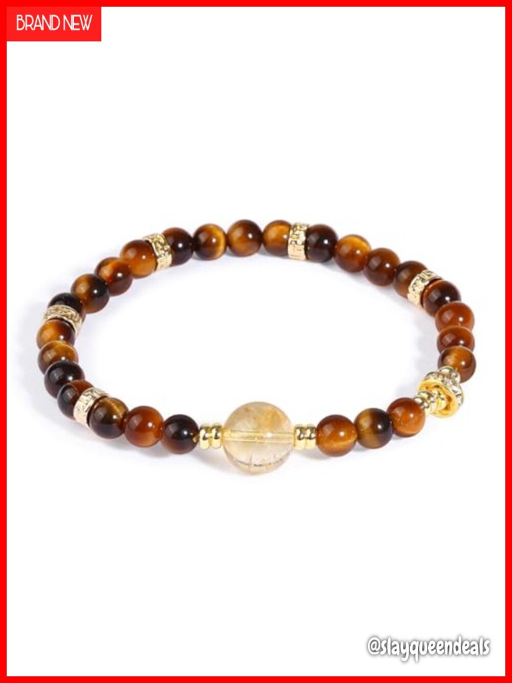 Tiger Eye & Citrine Crystal Bead Bracelet with Gold Zircon Charms, Stretch